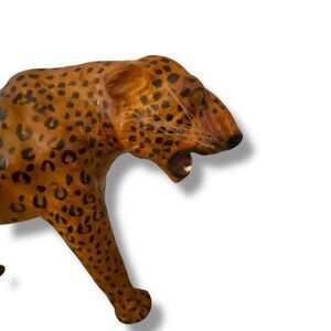 Vintage Leather Wrapped Leopard Cheetah Cat Glass Eyes 16”L  x 10” Shelf Style